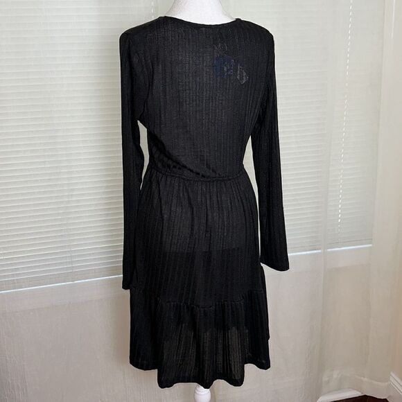 CUPSHE M Black V-Neck Long Sleeve Knit Ribbed Swim Cover-up Ruffle Dress - Picture 2 of 14